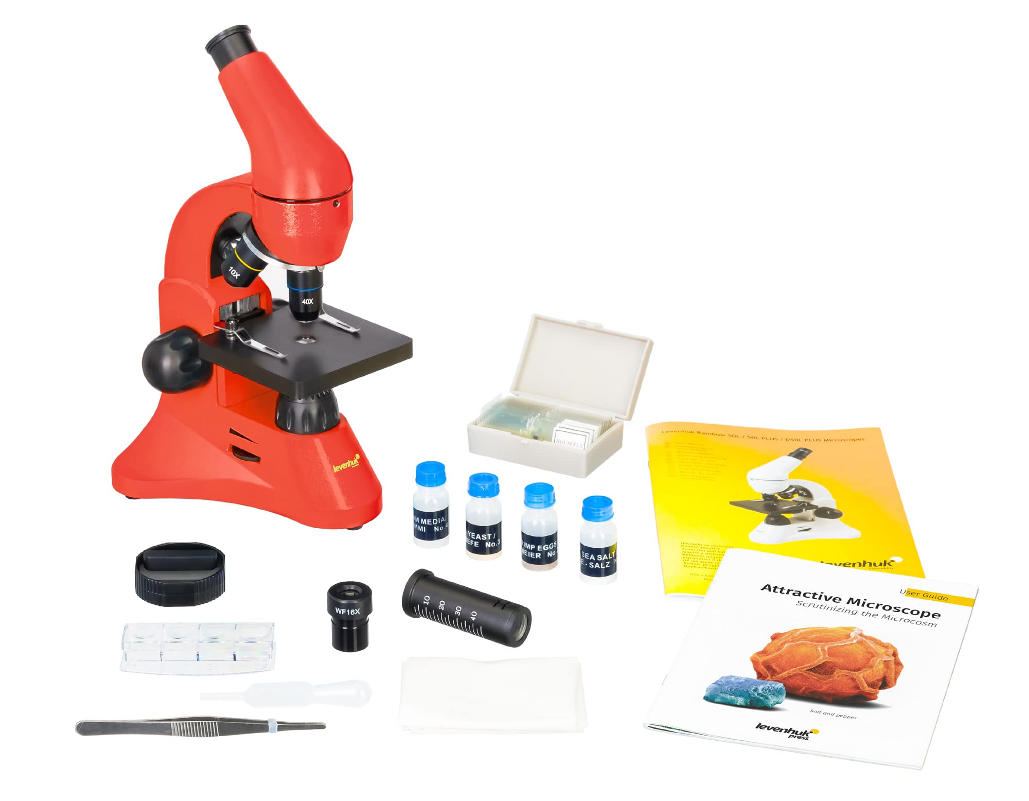 Levenhuk Rainbow 50L Plus Orange Kit Científico Educativo con Potente Microscopio 1280x, Guía de Experimentos Ilustrada, Muestras Preparadas, Herramientas Científicas y Maletín de Transporte (EN)