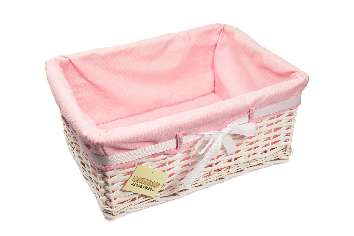 woodluvLarge Rectangular White Willow Wicker Hamper Storage Basket-With Pink Dot Linning (Gift Hamper Basket)