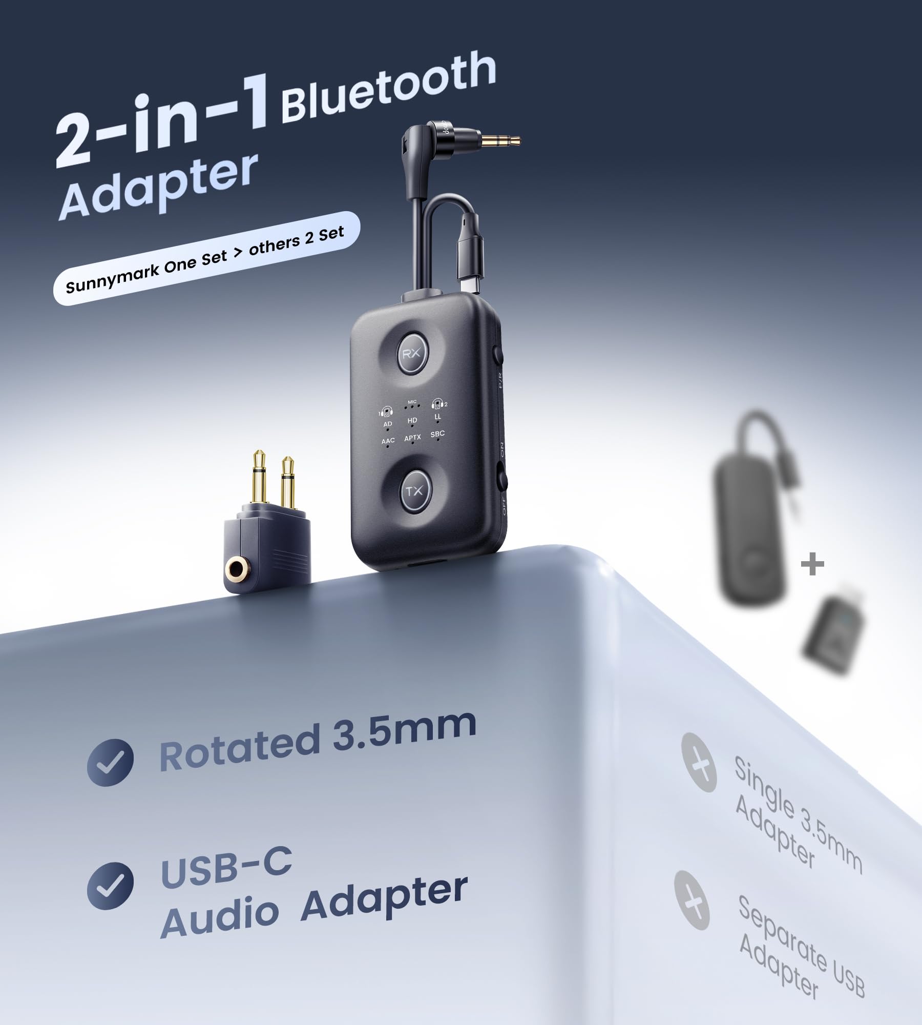 Unikalna konstrukcja odbiornika nadajnika Bluetooth 5.4 z Qualcomm aptX Adaptive do podwójnych słuchawek AirPods, gniazdo Aux 3,5 mm i adapter Bluetooth USB C do samolotu/telewizora/PS5/siłowni