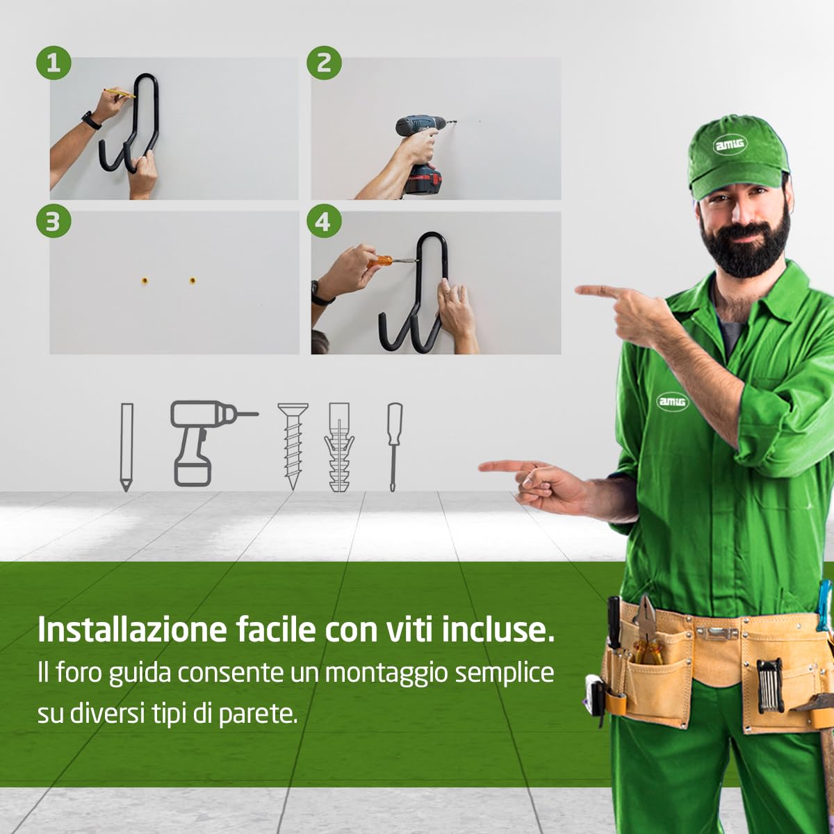 Amig Ganci Appendere Strumenti Supporto Parete Acciaio Zincato Rivestimento Gomma Antiscivolo Capacità Carico 60kg