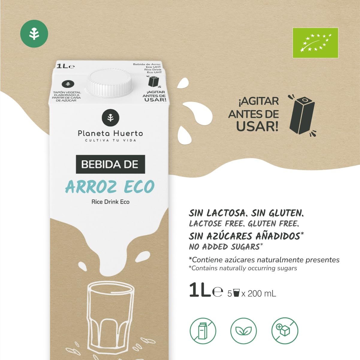 PLANETA HUERTO Bebida de Arroz Eco 1L Sin Lactosa Sin Azúcar Añadido 100% Natural Pack 6x