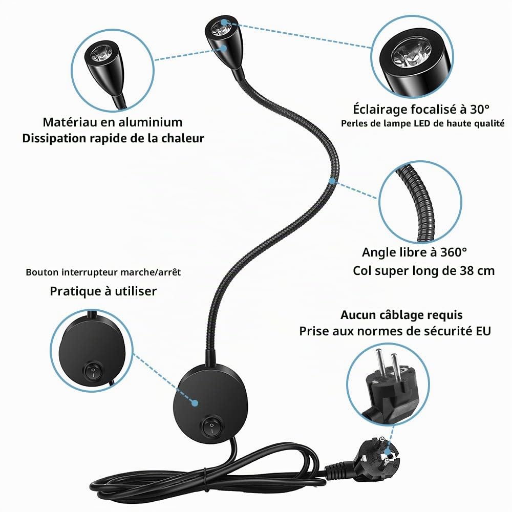 Lampe de lecture,2 lumières de lit à LED,Montée sur le mur à côté des lampes en aluminium,lampe d'éclairage blanc chaud,200 Lumen/3000K/3W,Angle de faisceau:30 °,Longueur du col de cygne:38cm