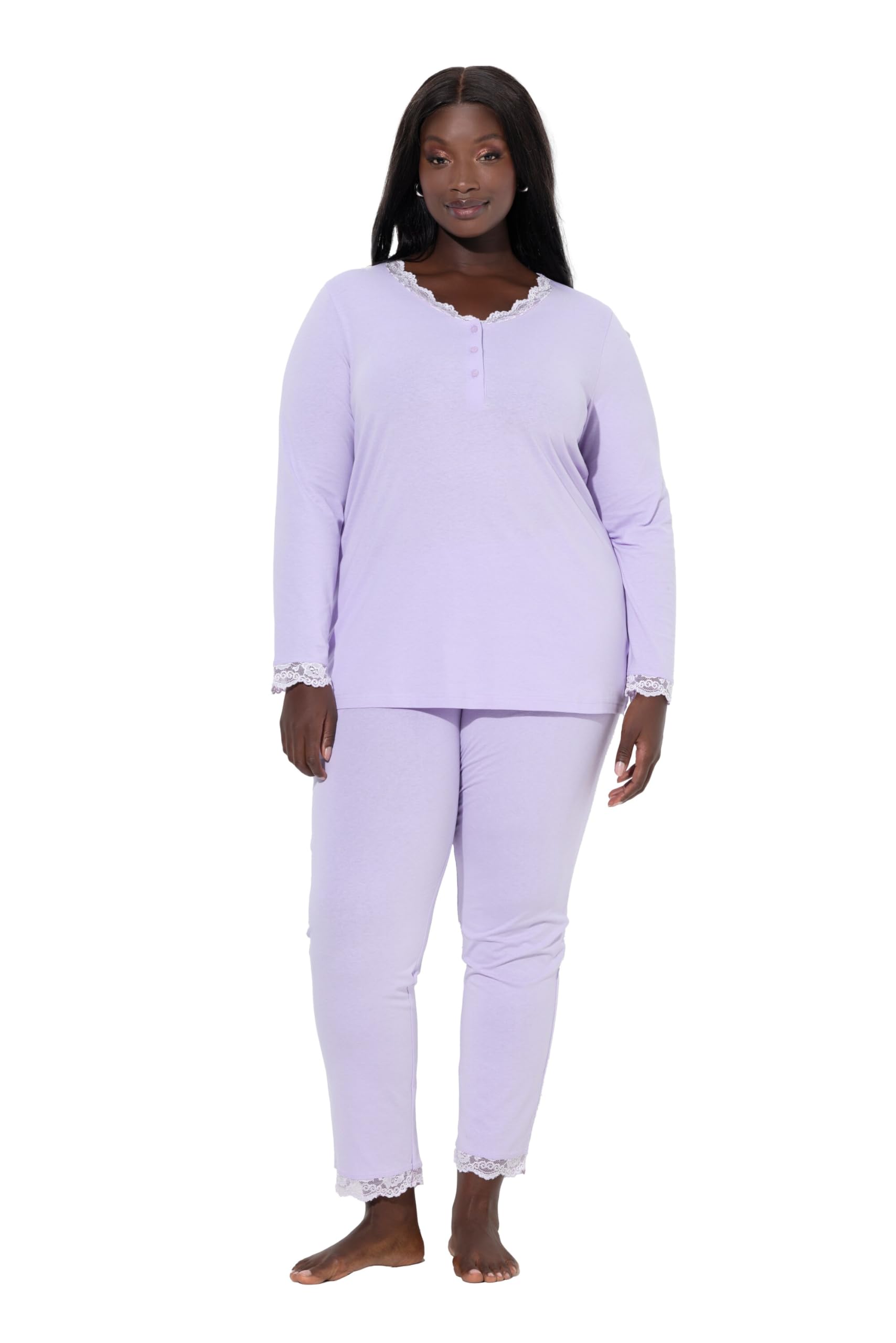 Ulla Popken Damen große Größen Übergrößen Plus Size Pyjama, Zweiteiler, Spitze, Knöpfe, Langarm 834319