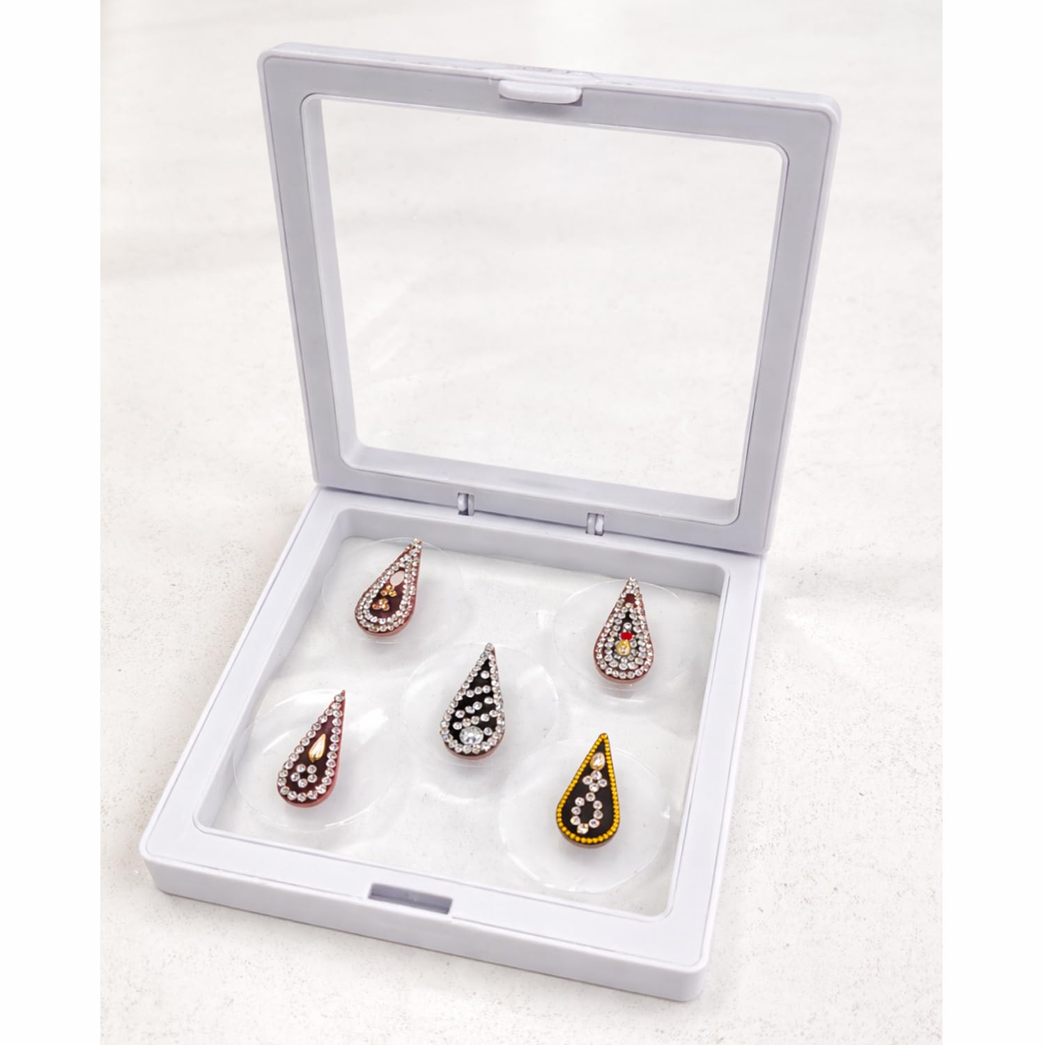 VAMA FASHIONS 5 Pcs Maroon Teardrop Shape White Crystal Rhinestones Bridal Dulha Groom Bindi Reusable Forehead Tilak Kumkum Sindoor Bindiya Bindis Set for Men-image-10