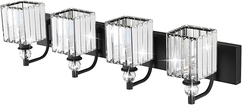 Miniatura 2 de Ralbay Lámpara de tocador de cristal negro, 4 luces de 31.5 pulgadas, modernas lámparas de pared de baño negro mate sobre espejo
