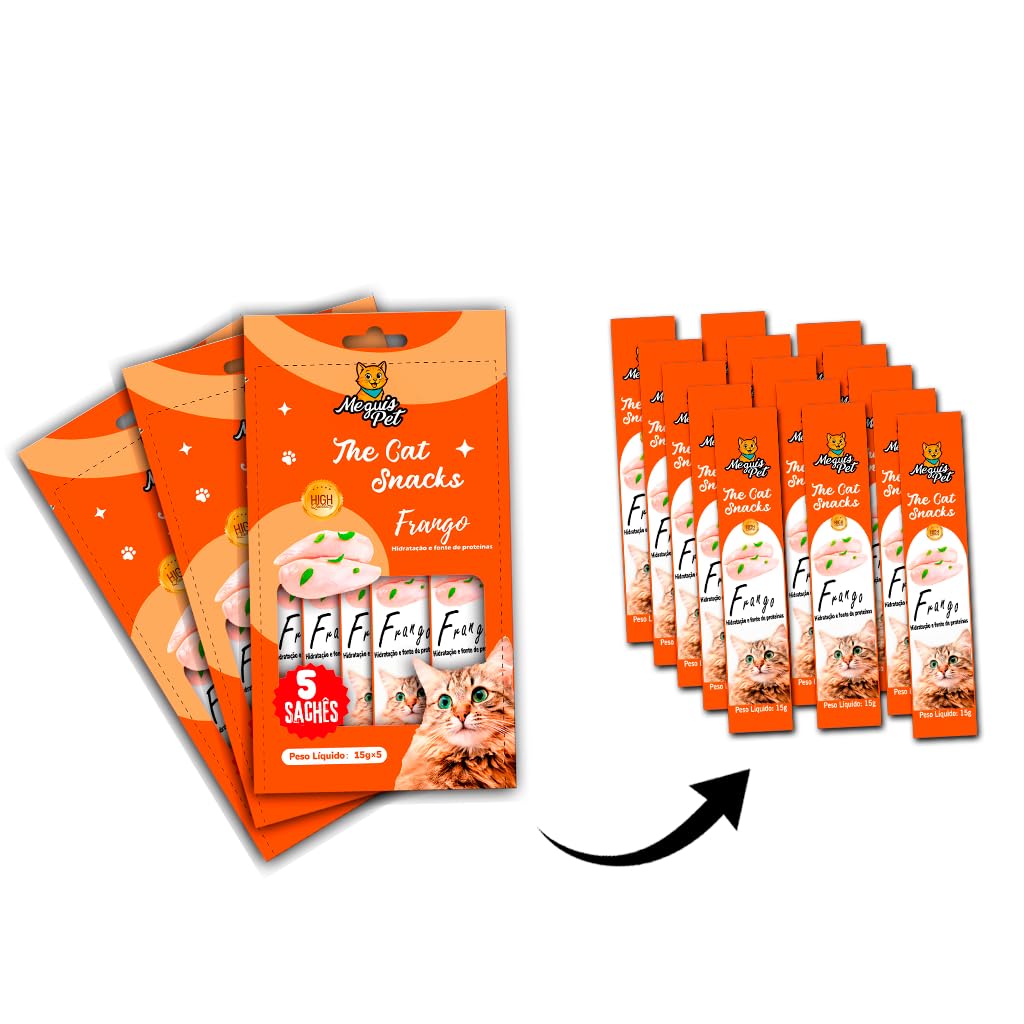 Kit15 Petisco Snack Cremoso MeguisPet p/Gatos Sabor Frango 1+1+1 = 3 Pacotes=15 saches