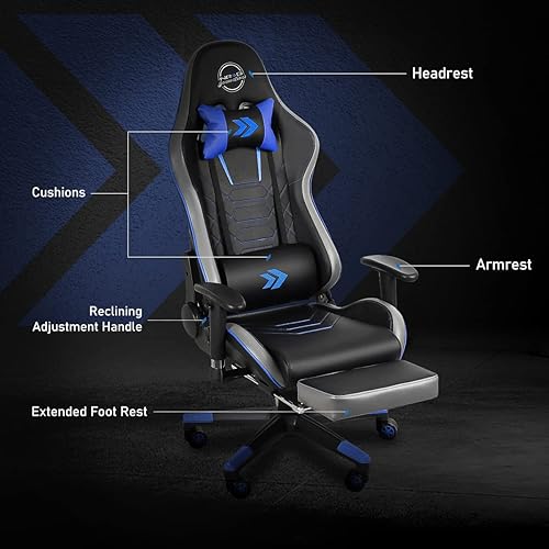 Miniatura 4 de DNA MOTORING RSC-G100BL RSC-G100BL - Asiento para silla de videojuegos, reposabrazos ajustable, reposapiernas extraíbles, soporte lumbar, almohada