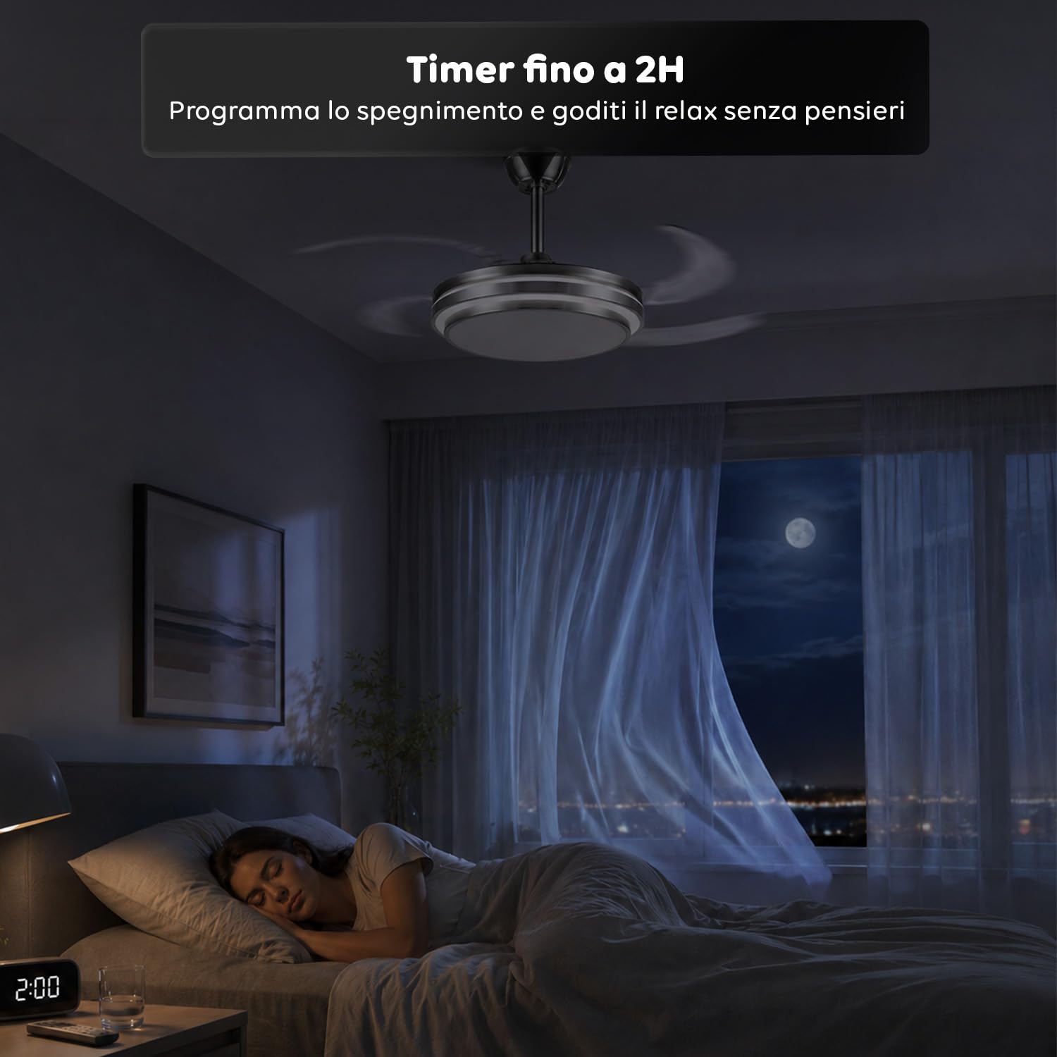 Avilia - Ventilatore da Soffitto con Pale Retrattili - Diametro 106 cm in Ferro/ABS - LED 72W Dimmerabile 3 Tonalità di Luce Integrata Calda Naturale e Fredda - 6 Velocità, Telecomando e Timer 2h