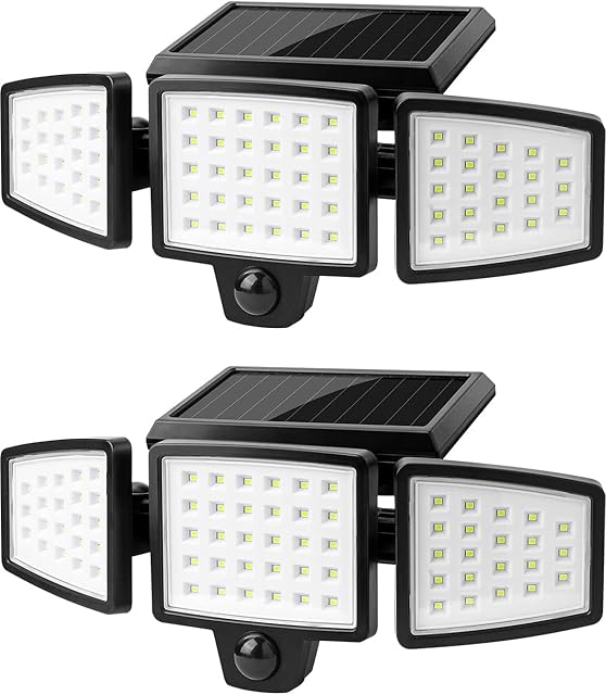 LE Solar Security Lights, 1000LM Solar Floodlights Motion Sensor with 360° Adjustable 3 Heads, IP65 Waterproof, Wide Lighting Angle Solar Lights Outdoor for Yard Garage Pathway (2 Pack)