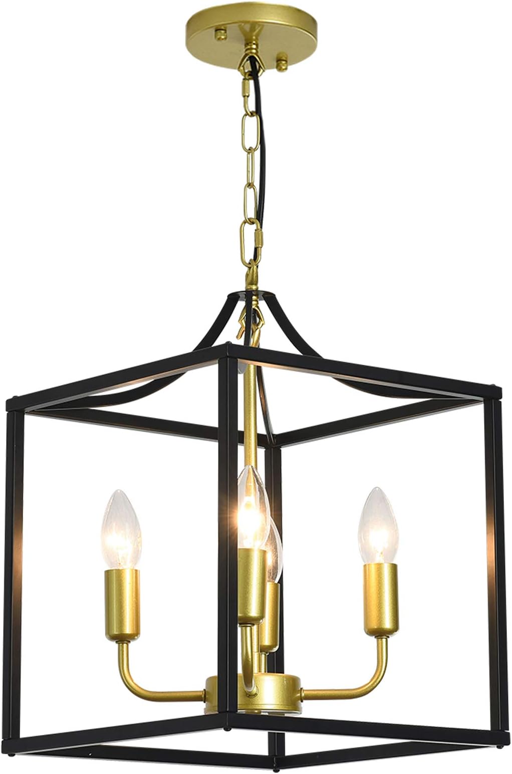 Qcyuui 4-Light Rustic Chandelier, Adjustable Height Lantern Pendant Light, Industrial Farmhouse Metal Ceiling Chandelier, Gold Hanging Lighting Fixture for Foyer Hallway Dining Room Kitchen Island