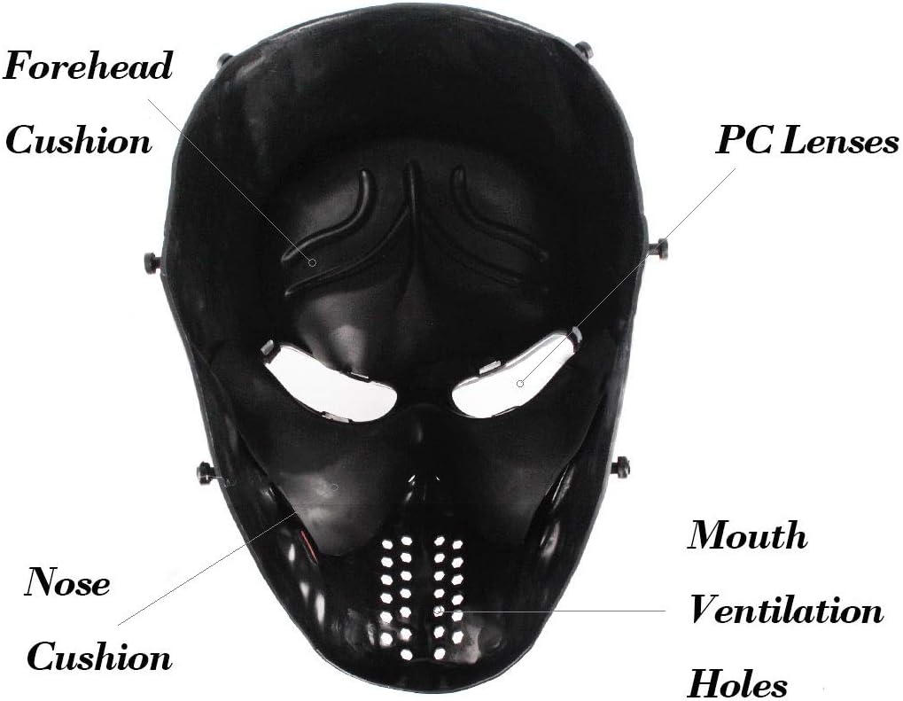 Paintball Mask, Skull Skeleton Full Face Airsoft Mask with Clear Lens Army Fans Supplies M06 Tactical Mask for Halloween Paintball BB Gun CS Game Cosplay and Masquerade Party (Black) : Sports & Outdoors