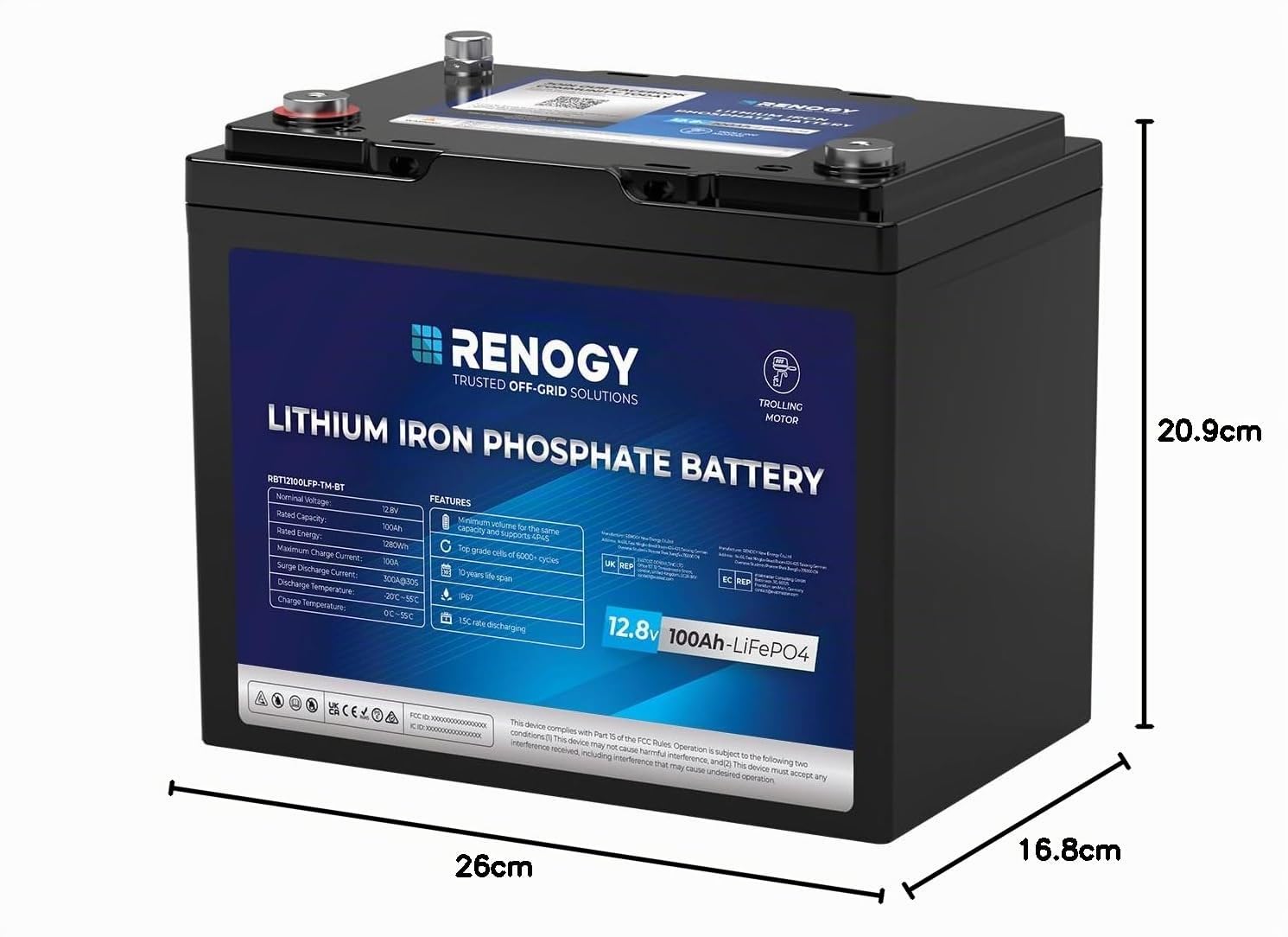Renogy 12V 100Ah Trolling Motoren LiFePO4 Lithium Batterie mit Bluetooth, 150A BMS 6000+ Zyklen Deep-Cycle-Batterien, 12V Solarbatterie 100Ah Akku für Trolling-Motor, kabinen, Marine, Wohnmobile, IP67