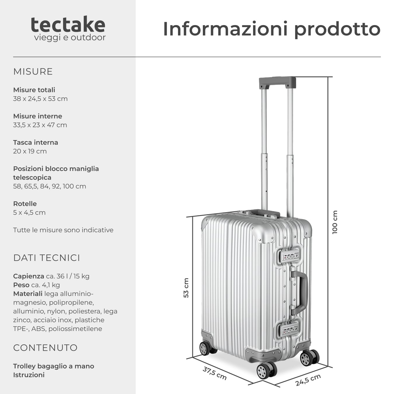 tectake® trolley bagaglio a mano, 53x38x24,5 cm, 36L, per cappelliera Easyjet, British Airways, Jet2, valigia bagaglio a mano, lega alluminio magnesio, TSA, ruote doppie 360 gradi, luggage rigida