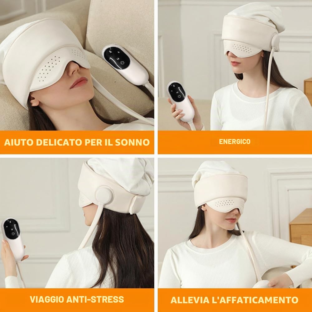 Massaggiatore elettrico per la testa con 6 zone e calore degli occhi (38-50 °C), massaggiatore elettrico per alleviare mal di testa/stress, massaggiatore per testa con 3 modalità per un sonno migliore