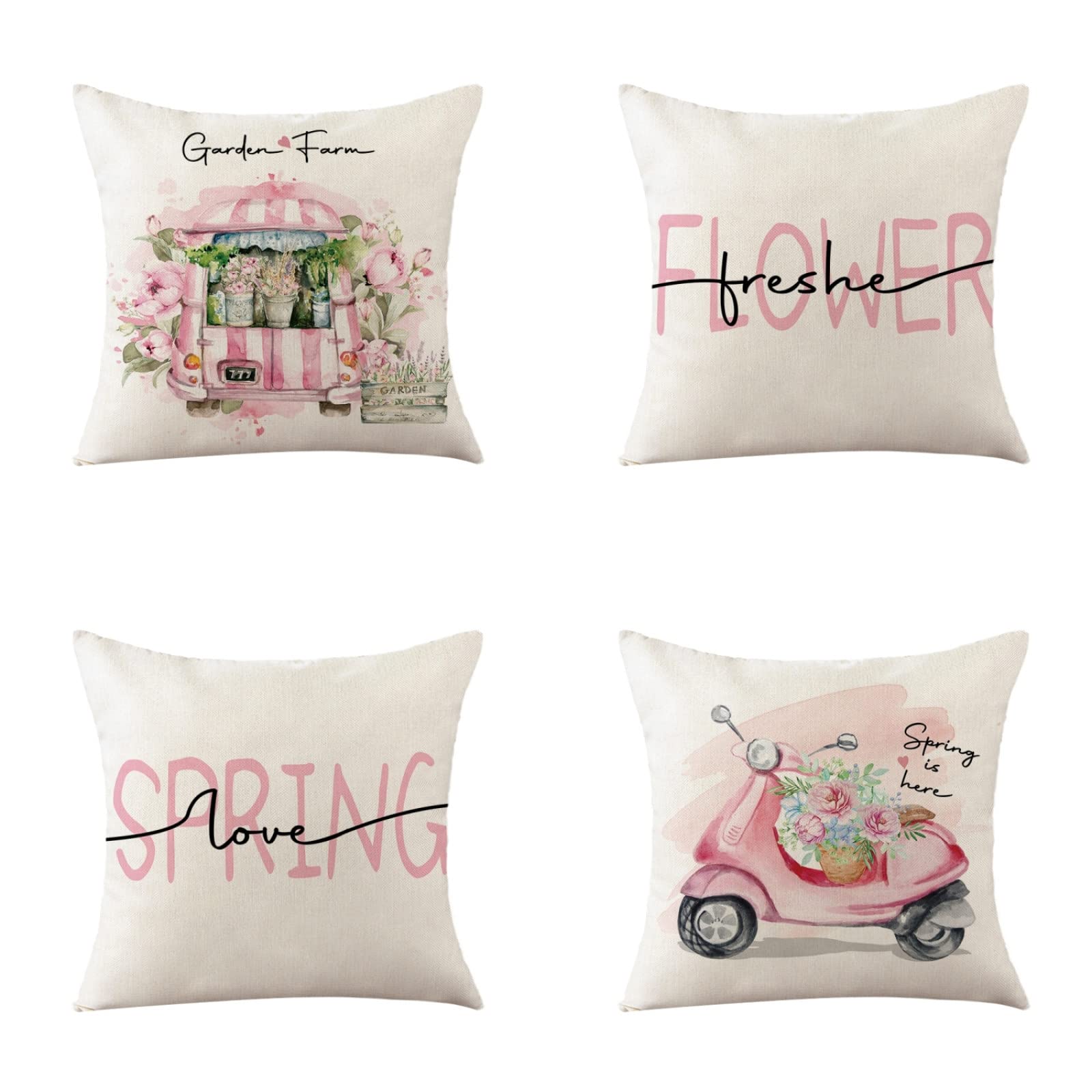 Sofa Fundas Cojines 60x60 Pack de 4 Cuadrado,Funda de Almohada Lino con Cremallera Invisible,Funda de Cojín Decoración para Hogar Sala Cama Jardín Silla Coche-Primavera de Acuarela