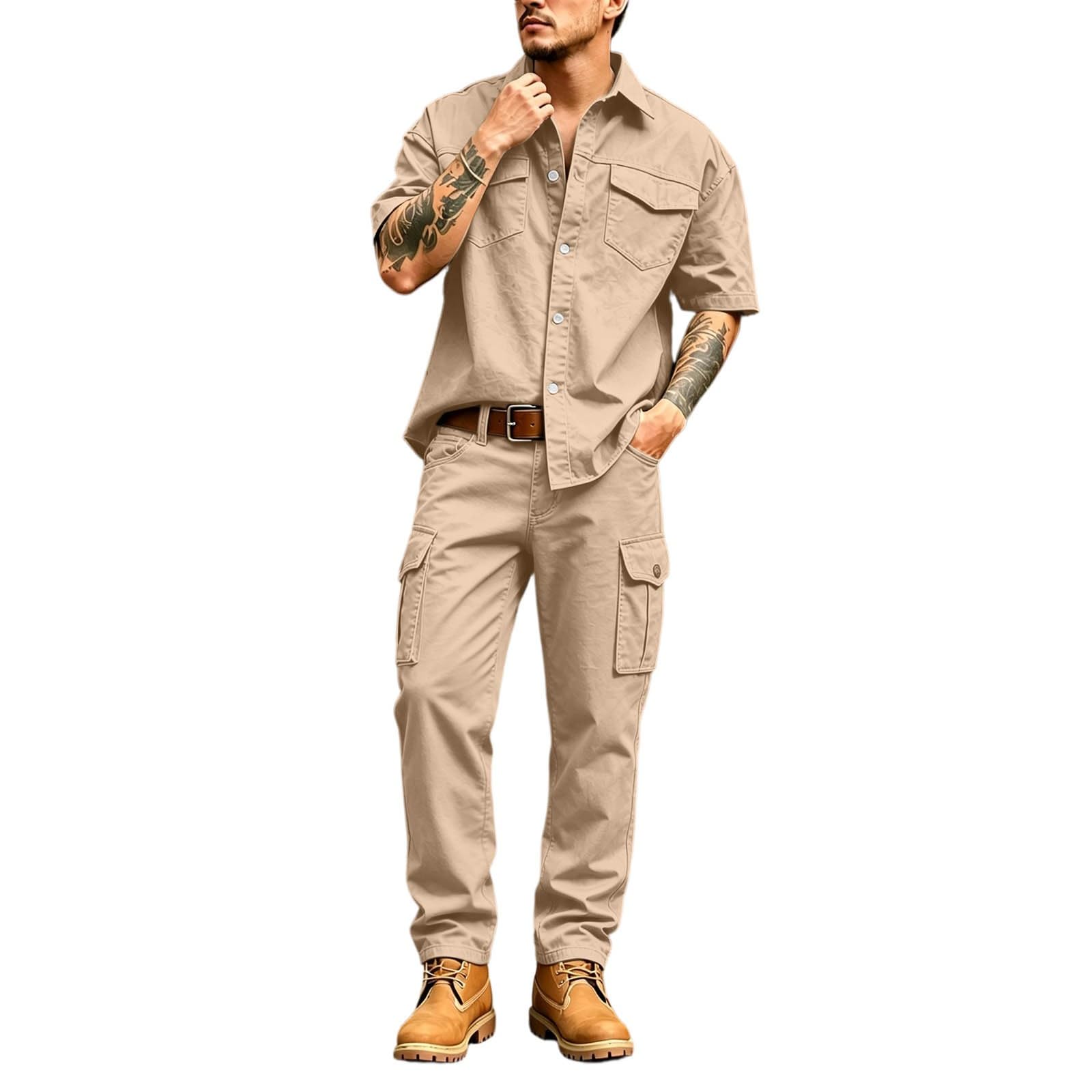 Set da 2 pezzi da uomo in tinta unita composto da camicia da uomo con tasca sul petto e pantaloni da lavoro, abbigliamento estivo, casual, pantaloni da jogging e camicia a maniche corte per casa