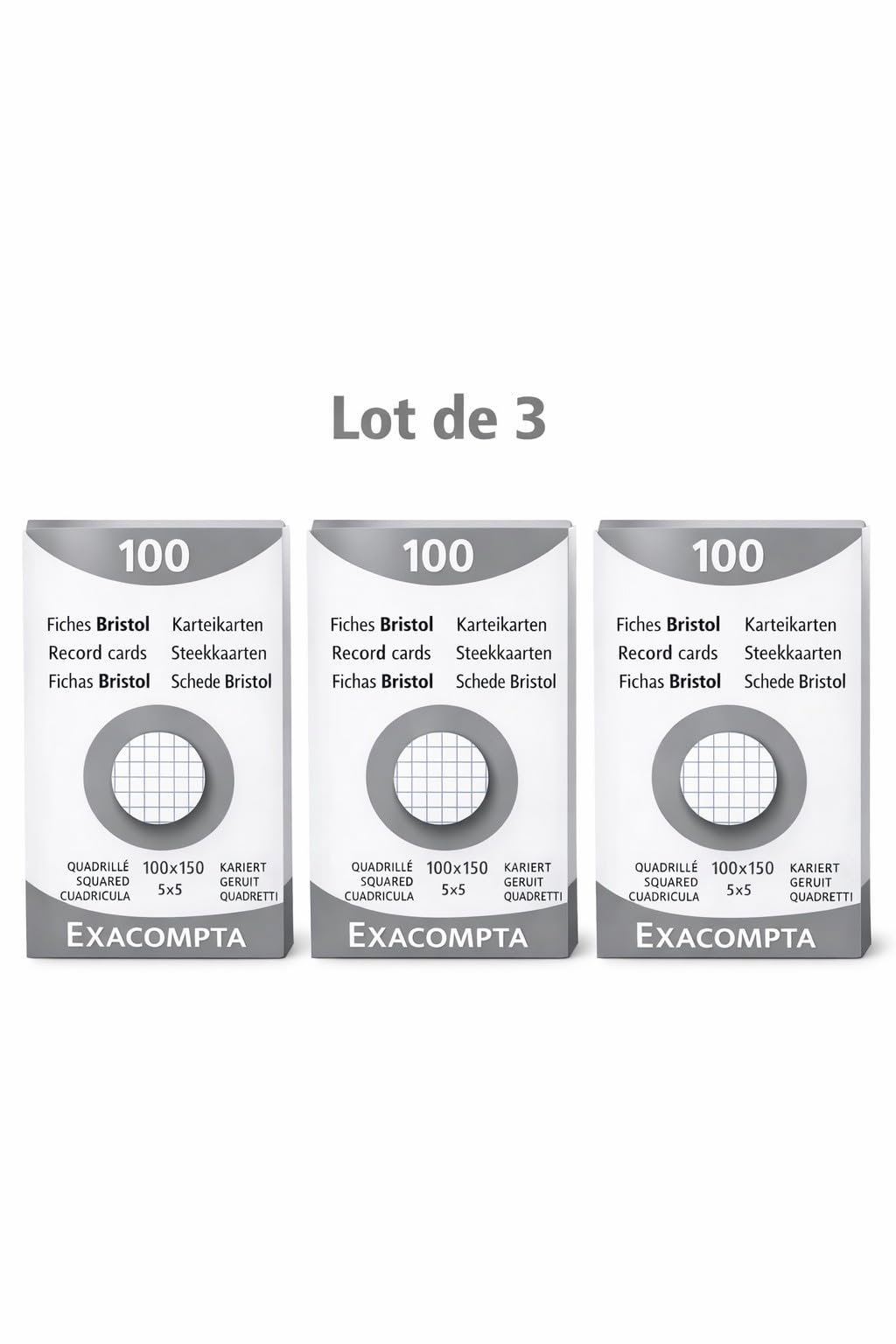 Exacompta Pack Essentiel 3 Étuis 100 fiches bristol quadrillées 5x5 non perforées 100 x 150 mm blanc