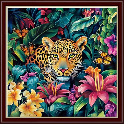Image of Dimensean Stamped Cross Stitch Kits Full Range of Embroidery Patterns Starter Kits for Beginners Adult DIY Cross Stitches Needlepoint Kits 11CT-Leopard in Flowers 18x18 inch