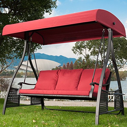 PatioPost Outdoor Swing Chair, Seats 3 Porch Patio Swing Glider with Durable Stee Frame and Padded Cushion, Red - Thumbnail 3