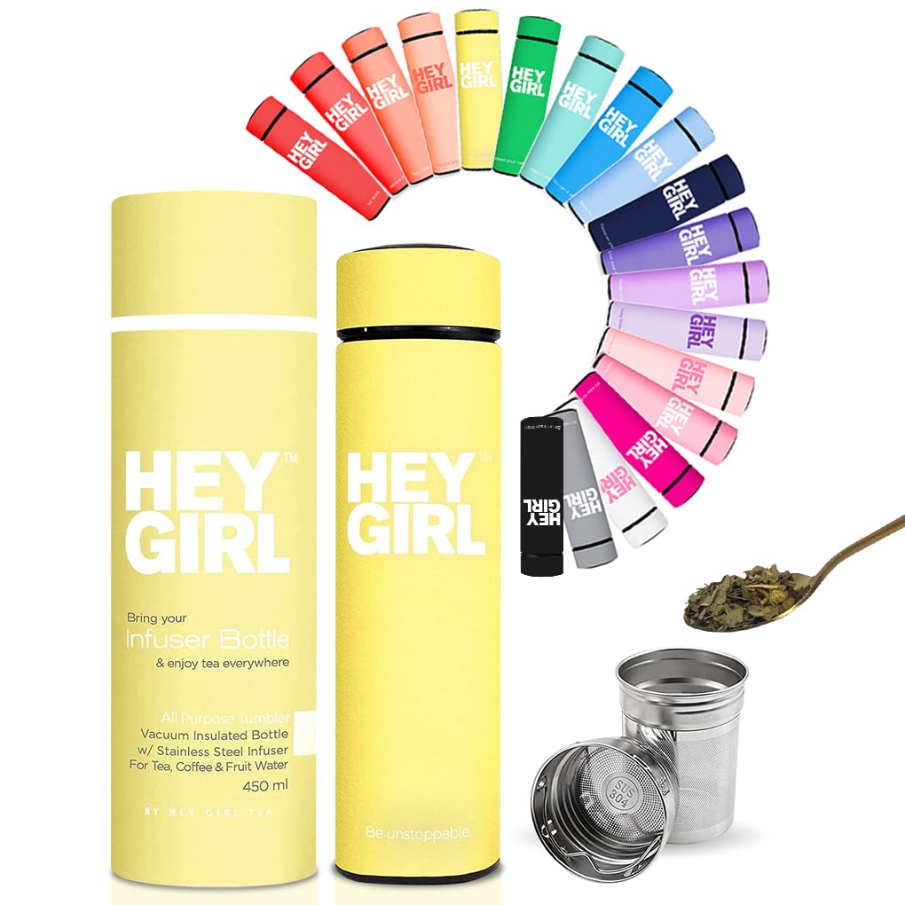 Hey Girl Tea Girls Yellow Hey Tea Infuser Bottle 450Ml - Insulated Stainless Steel Water Bottle - Thermos Tumbler With Diffuser - Portable Travel Mug For Loose Leaf Tea & Infused Water - Gifts For Women