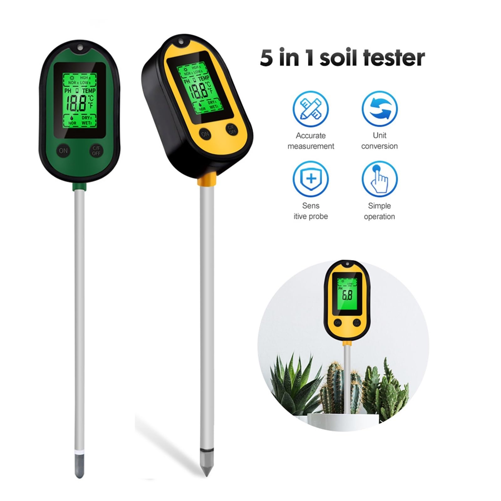Humidimètre 4/5 en 1 Sol PH mètre lumière du Soleil hygromètre LCD numérique Jardin Plante Fleurs capteur de température capteur Outil de Test d'humidité de l'environnement(5 in 1)
