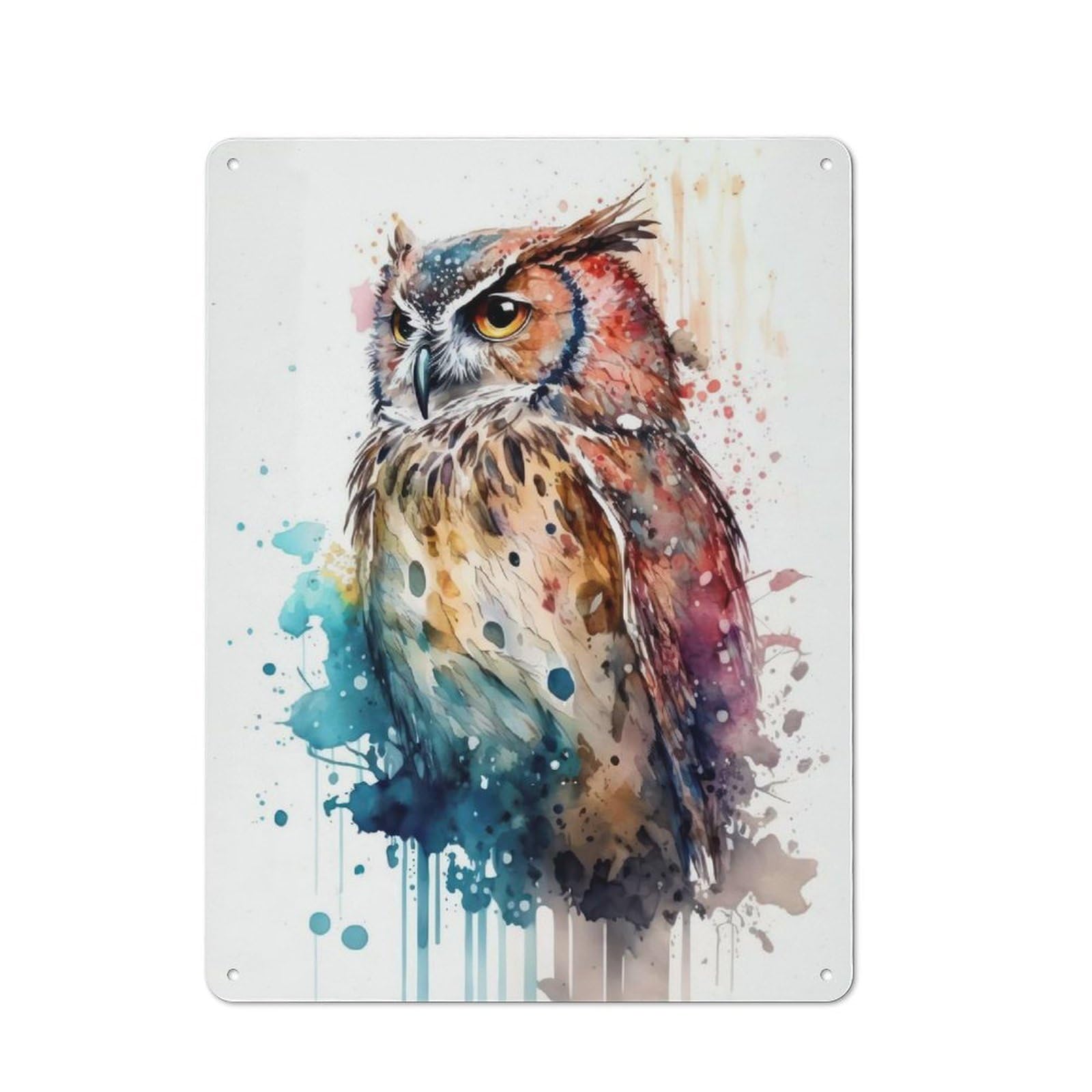 Owl Watercolor Rustic Metal Plaque 40x30cm for Lounge Or Reading Corner, for Garage, Workshop And Man Cave Decoration
