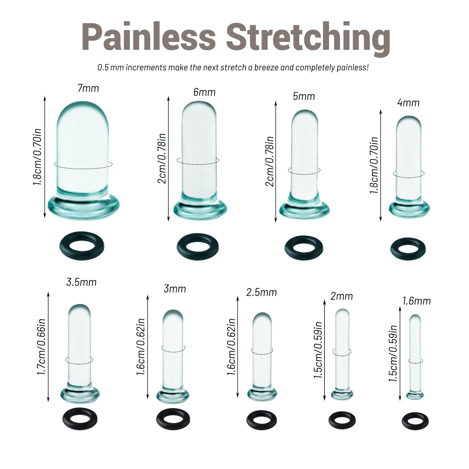 Kit di dilatazione dell'orecchio 14G-1G, 18 tappi per le orecchie in vetro, tappi in vetro svasato singolo con O-ring per espandere l'orecchio, calibri neri per orecchie, gioielli piercing