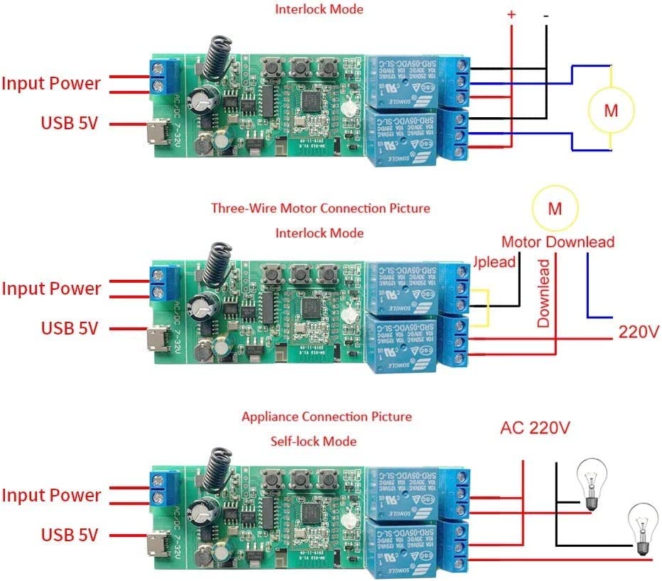 External wiring diagrams for MHCOZY ZigBee relay switch in different modes