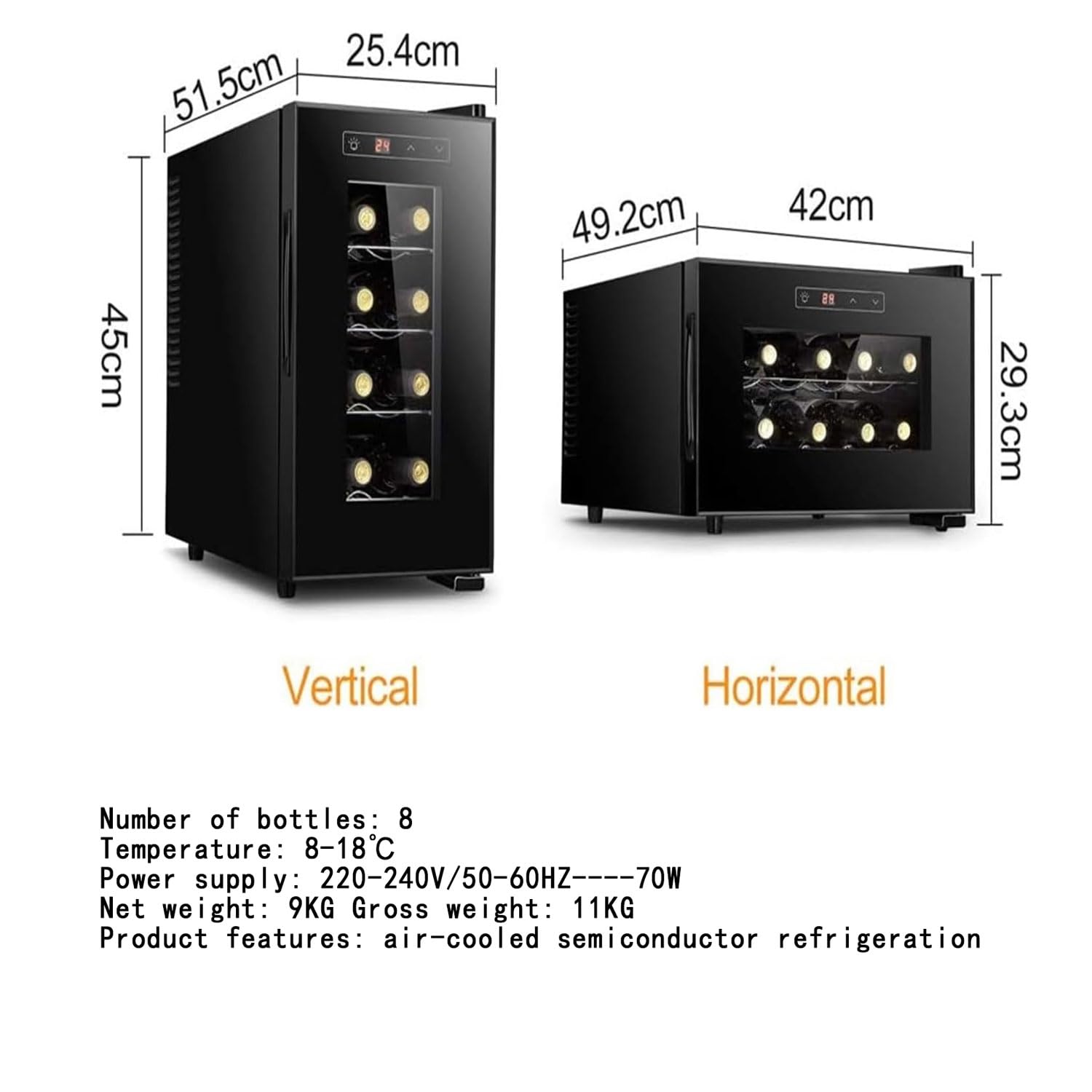 Cantinetta Vino Elettronica Da 70 W, Frigorifero Indipendente Con Display Digitale Da 8 Bottiglie, Frigorifero Silenzioso, Controllo 8-18 ℃, Piccola Cantina Per Vini, Per Casa, Ufficio, Bar, Hotel
