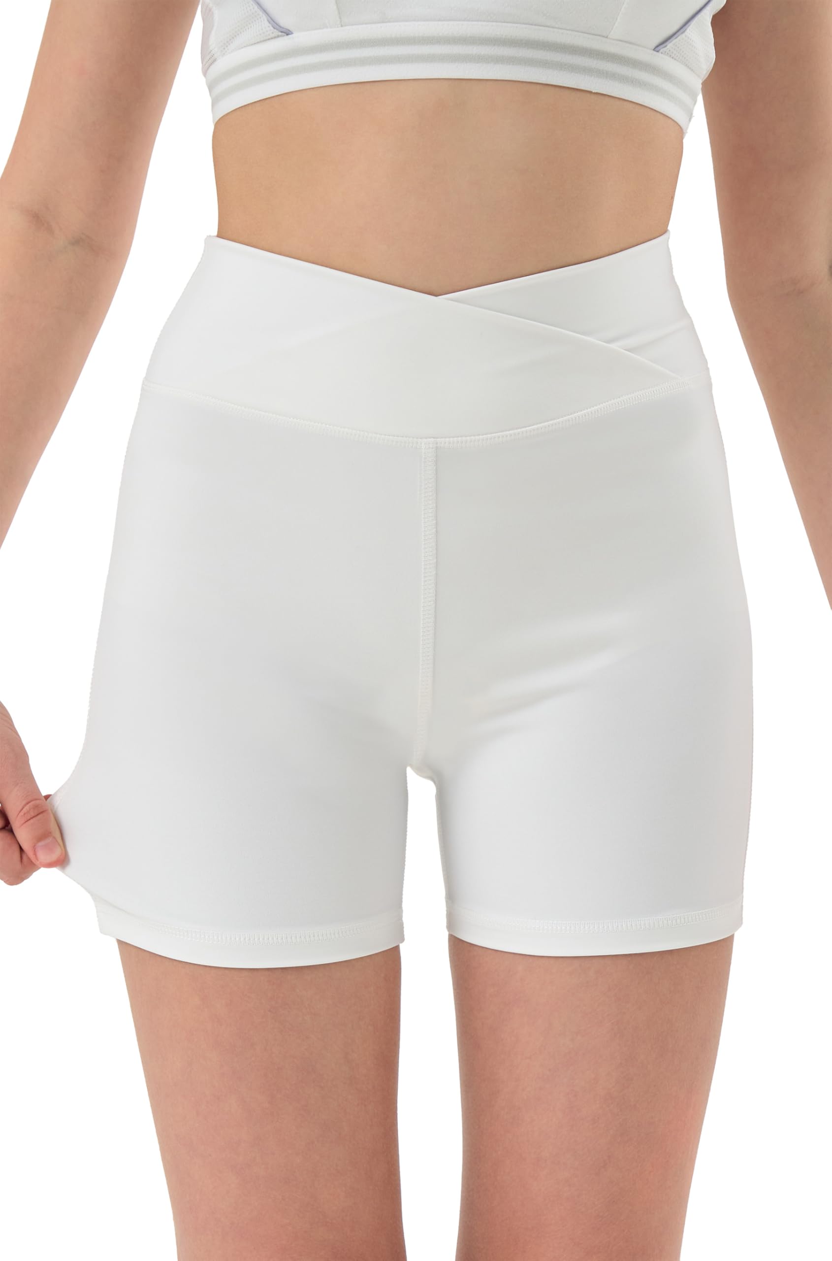 MEJING Girls V Cross Waist Athletic Shorts, Kids Soft Bike Volleyball Yoga Dance Running Cheer Gymnastics Gym Workout Shorts