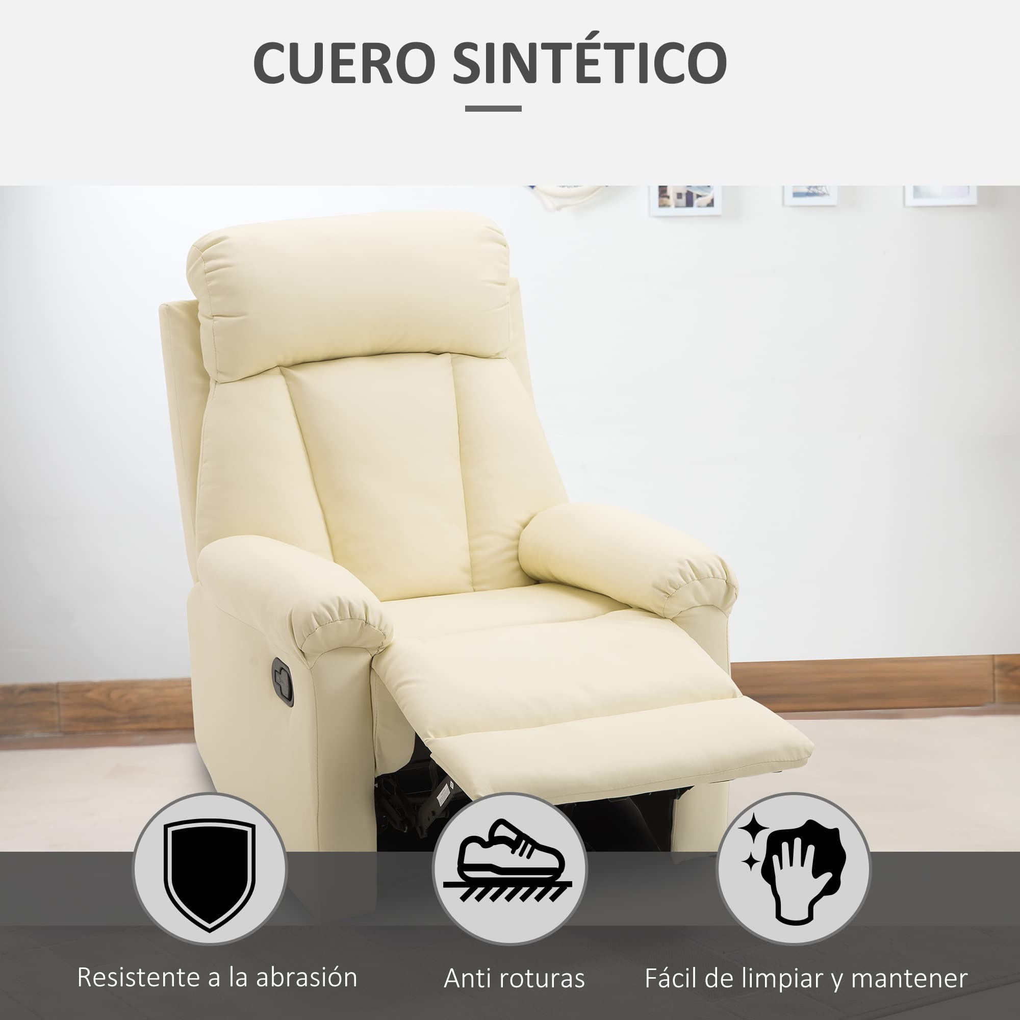 HOMCOM Sillón Relax Reclinable 150° con Respaldo Alto 80x97x107 cm Blanco | Butaca de Salón， Tapizado en PU, Reposapiés Retráctil, Resposabrazos, para Dormitorio