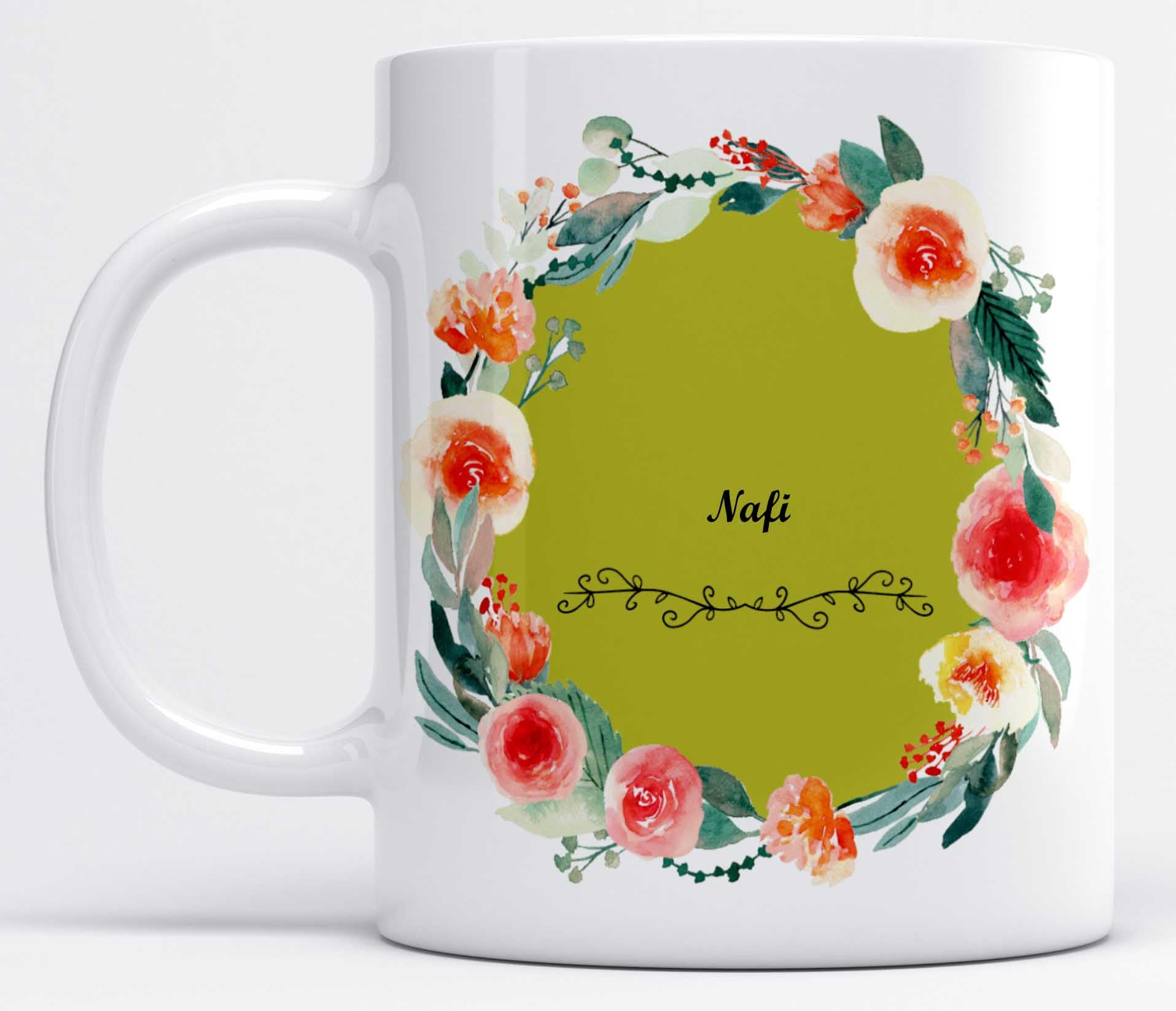 LOROFY Name Nafi Printed Beautiful Floral Design White Ceramic Coffee Mug (350ML)