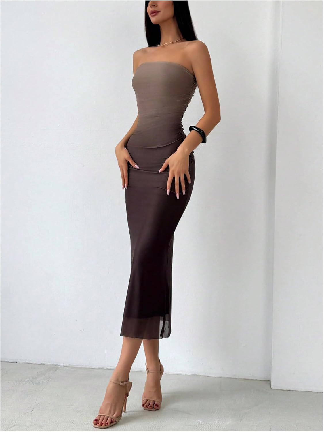 GORGLITTER Kadın Fileli, Askısız, Büzgülü, Vücuda Oturan Maksi Elbise, Düğün Misafiri, Mezuniyet, Kokteyl, Yazlık, Y2K Tarzı Uzun Tüp Elbise