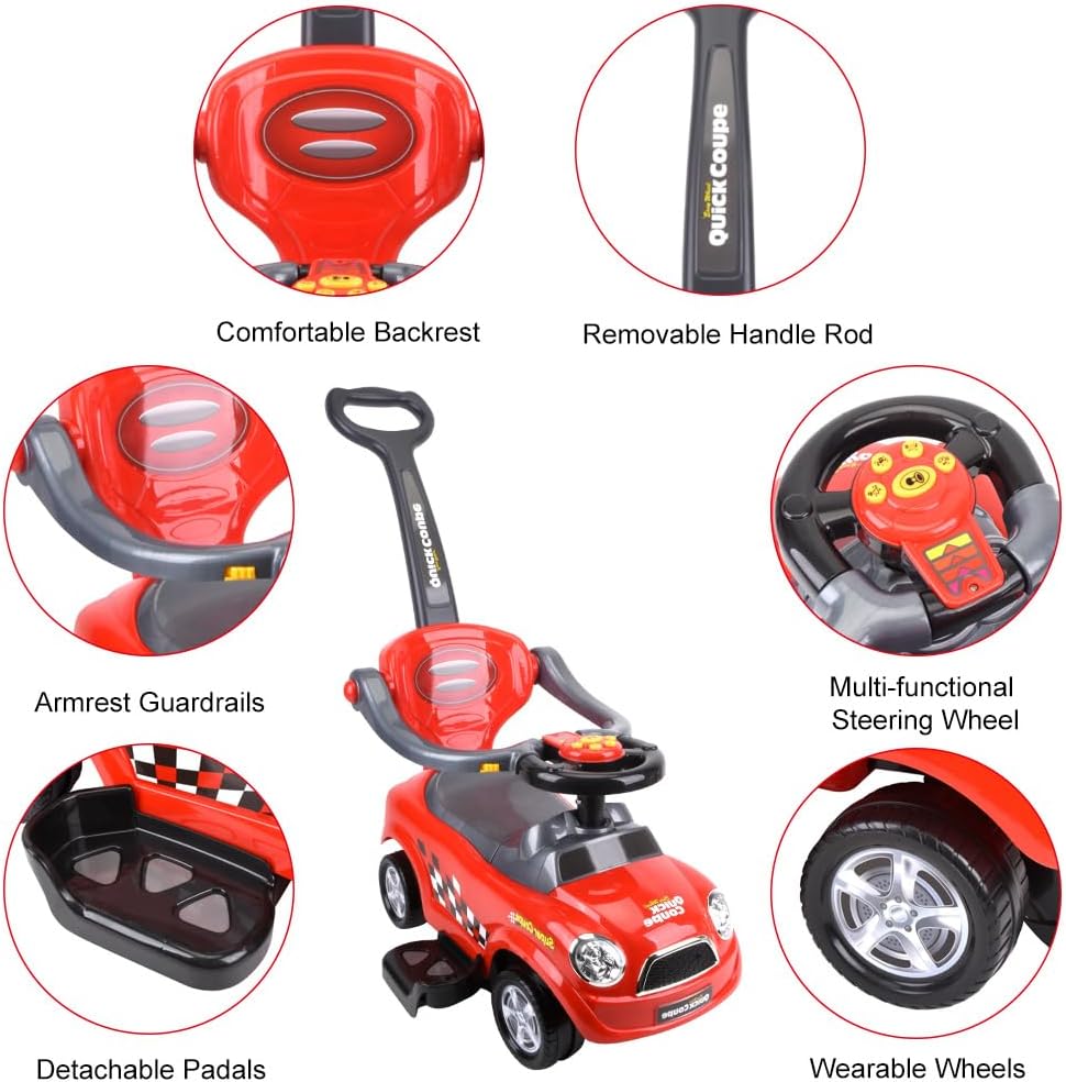 ChromeWheels 3 in 1 Ride on Push Car for Toddlers with Removable Handle/Guardrails/Pedal, Horn, Music, Under Seat Storage (Red)