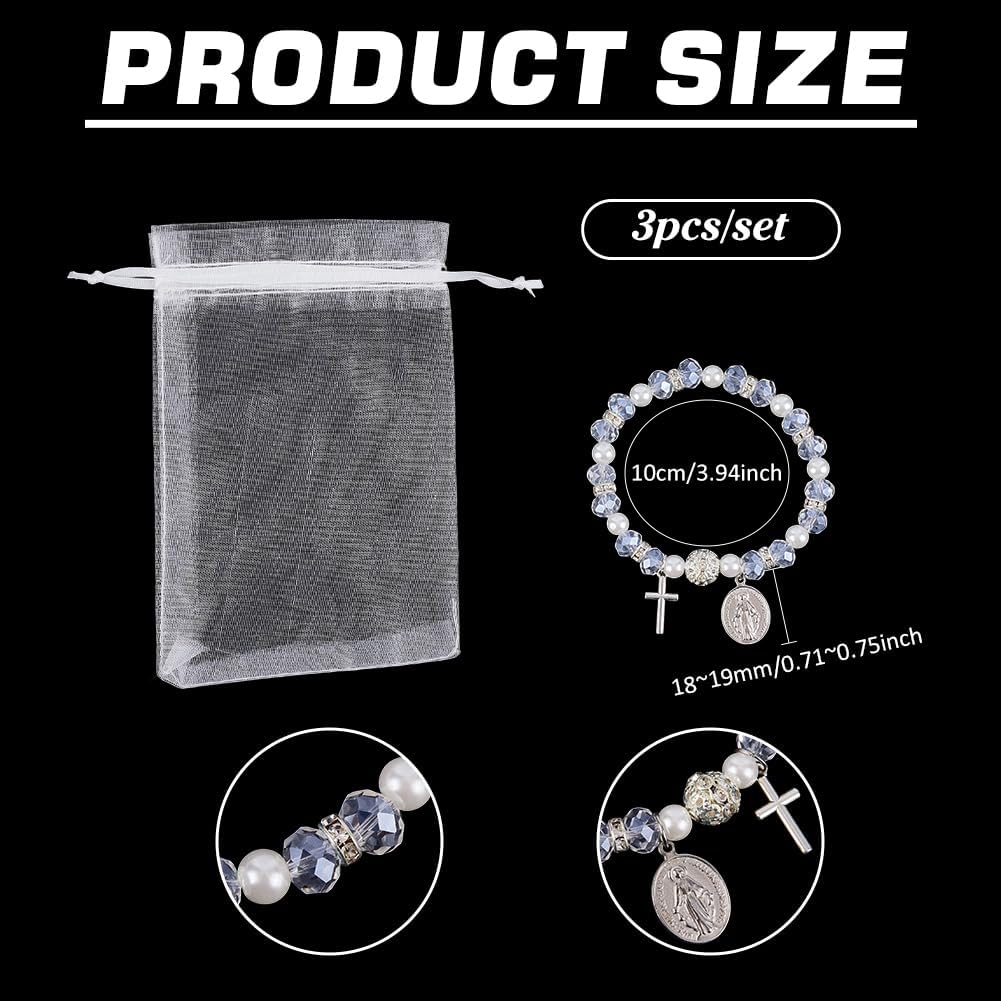 PH PandaHall 12 Sets Rosary Bracelet Bulk with Mesh Bags, 8mm Clear Beaded Stretch Bracelet Baptism Favor Bracelets with Cross Oval Charm for Baptism Funeral Favor Communion Decorations Easter Gifts