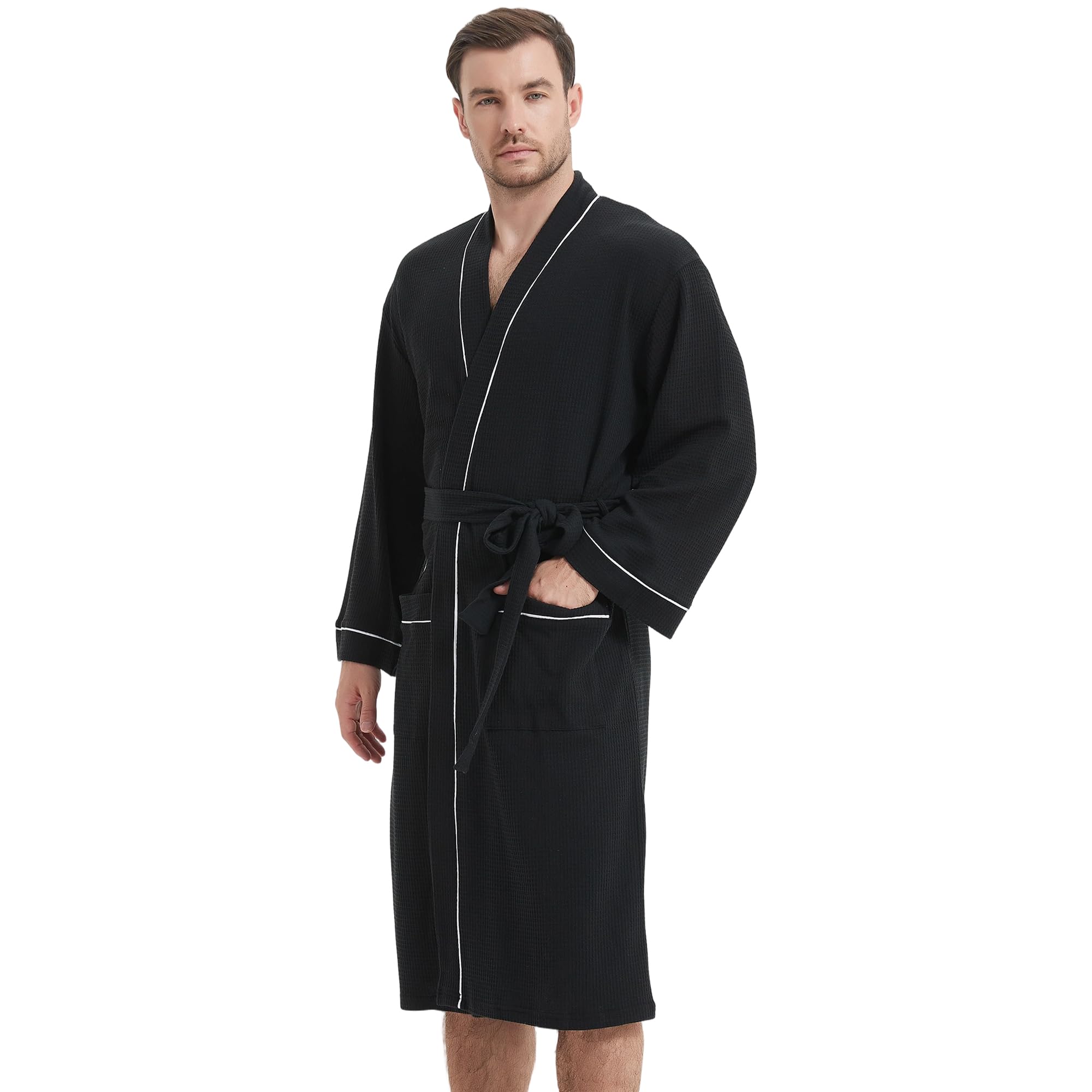 Mnemo Albornoz ligero para hombre Albornoz de algodón Kimono Waffle Bata Hombre