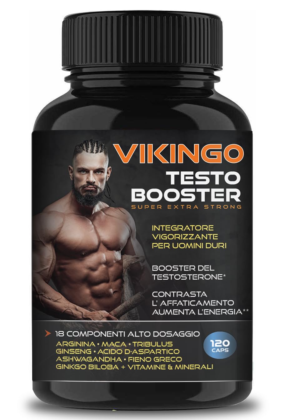 Testosterone Uomo, Massa Muscolare, VIKINGO 120 Testosterone Booster Stimolante Uomo - Integratore Energia con Maca, Tribulus, Ashwagandha, Arginina, Ginkgo Biloba, Fieno Greco, Vitamine e Minerali