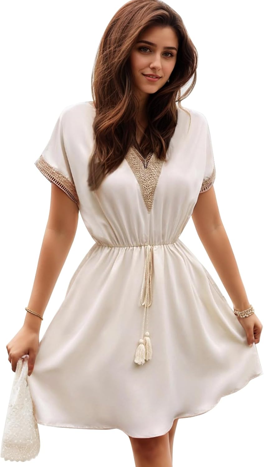 Women Lace Decoration Midi Dress V Neck Tassel Belt Elastic Waistband Short Sleeve Spring Summer Casual Dresses - Image 3