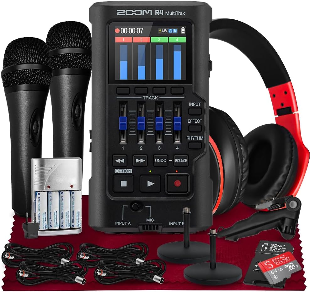 Zoom R4 Multitrak, 32-Bit Float Recorder, 4-Track Recording w/Stereo Bouncing, Dual XLR/TS Inputs with 4 XLR Cables, Rechargeable Batteries, Headphone w/Built-In Mic, Tripod, 2 Handheld Mic & More