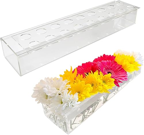 Florero de acrílico transparente rectangular, 18 agujeros, 15.7 pulgadas de largo para centros de mesa, florero moderno de acrílico, jarrón floral