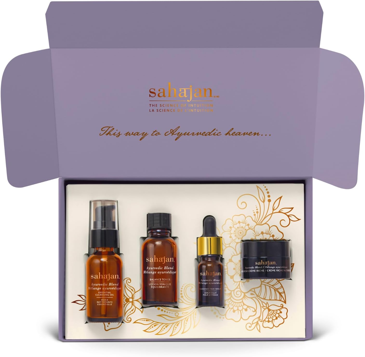 Sahajan Discovery Gift Set of 4 Ayurvedic Facial Care Blends Contains Essential Cleansing Oil 30 ml, Balance Toner 30 ml, Radiance Face Serum 10 ml, Nourish Creme Riche 15 ml, Sampler Sets for Women