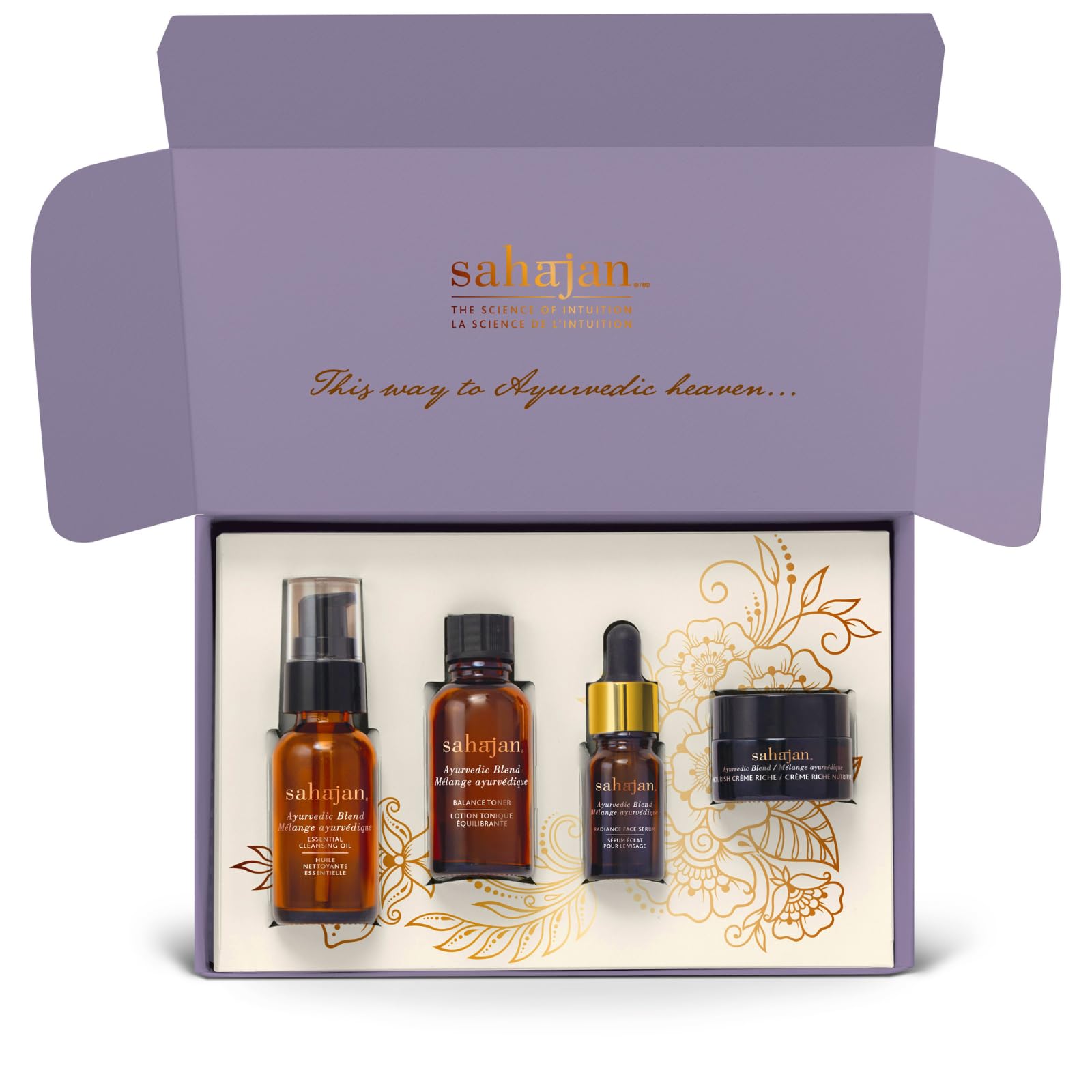 Sahajan Discovery Gift Set of 4 Ayurvedic Facial Care Blends Contains Essential Cleansing Oil 30 ml, Balance Toner 30 ml, Radiance Face Serum 10 ml, Nourish Creme Riche 15 ml, Sampler Sets for Women
