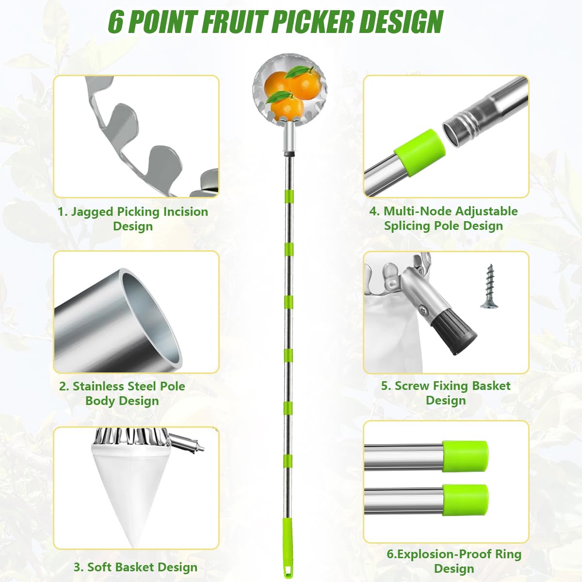 Raccogli Frutta Con Borsa per Grembiule – 2,8 m/9,2 ft Strumento Con Manico Telescopico, Asta Di Collegamento in Acciaio Inox E Sacchetto Di Immagazzinaggio, Picker per Apple Limone Cherry
