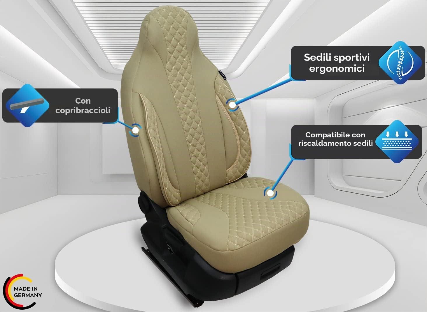 BREMER SITZBEZÜGE Coprisedili per pilota, compatibili con camper Hymer Ducato, accessori per camper | set da 2 coprisedili con braccioli in beige | WPL405