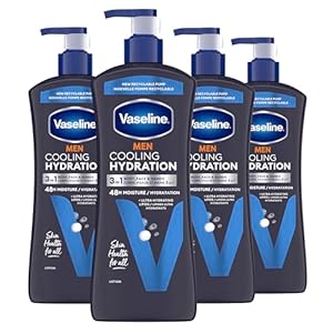 Vaseline Men Cooling Hydration 3-in-1 4 Pack for Dry Skin Face, Hands & Body Lotion for Men with Menthol & Ultra-Hydrating Lipids 20.3 oz