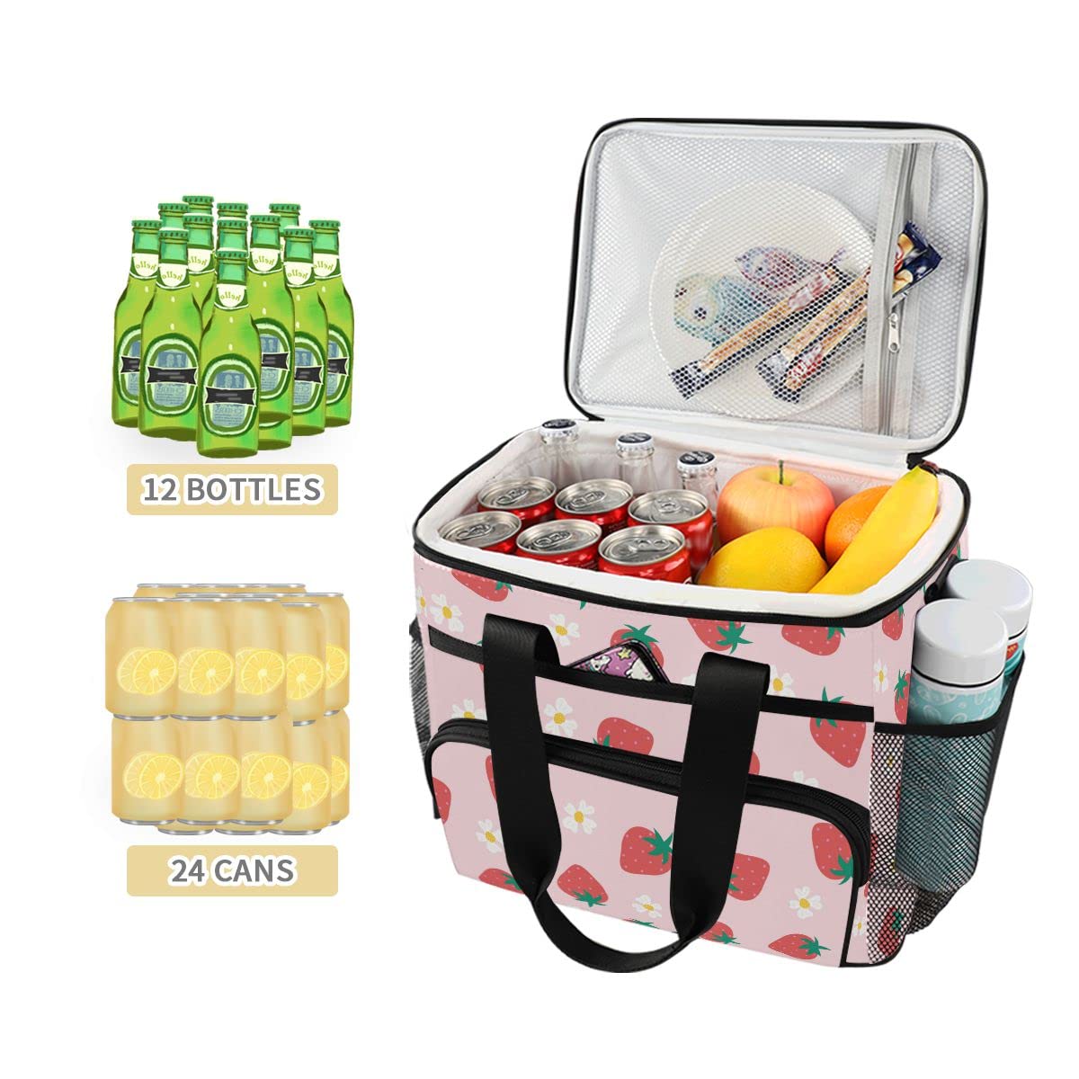 Bolsa de picnic de 15 litros, 24 latas, con aislamiento de fresas brillantes, para viajes, camping, barbacoa, actividades al aire libre, asas, correa para el hombro