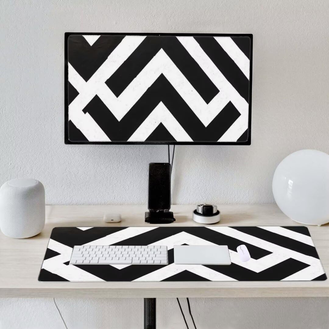 Alfombrilla de ratón 1400x600x3 MM, Alfombrilla Ratón XXL Extendida de Gran Tamaño con Bordes Cosidos, Base de Goma Antideslizante Almohadilla para Teclado, Geometría en Blanco y Negro S-4667