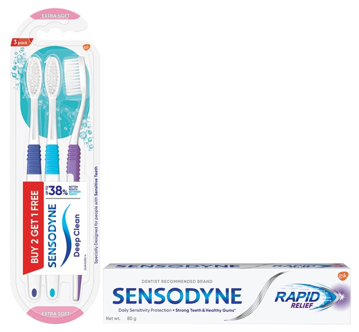 Toothpaste Rapid Relief, Sensitive tooth paste to help beat sensitivity fast, 80 gm & Sensodyne Deep Clean Manual Brush Super Saver Pack for adult (Multicolor, Pack of Buy 2, Get 1 Free)