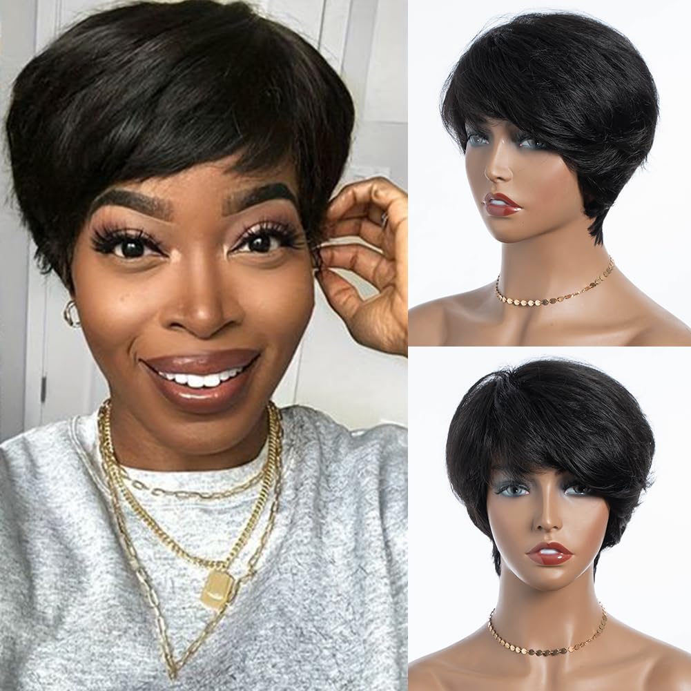 Joedir Human Hair Wig 8 Inch Short Pixie Cut Side Swept Bangs Layer, Glueless Amazon.com : SAEIALL Short Pixie Cut Wig for Women Human  main image 3