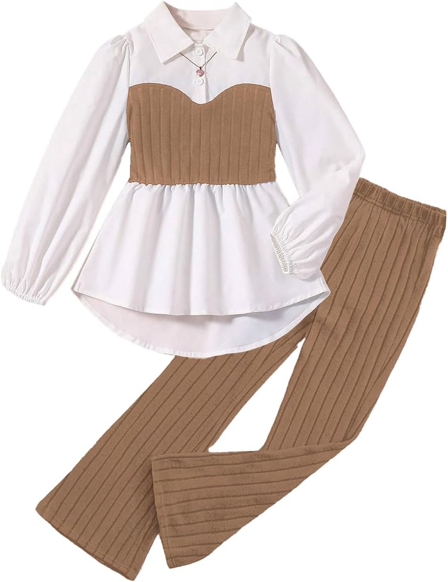 Girls Latern Long Sleeve T Shirts Causal Peter Pan Collar Tunic Blouse and High Waisted Flared Pants Fall Outfits Set